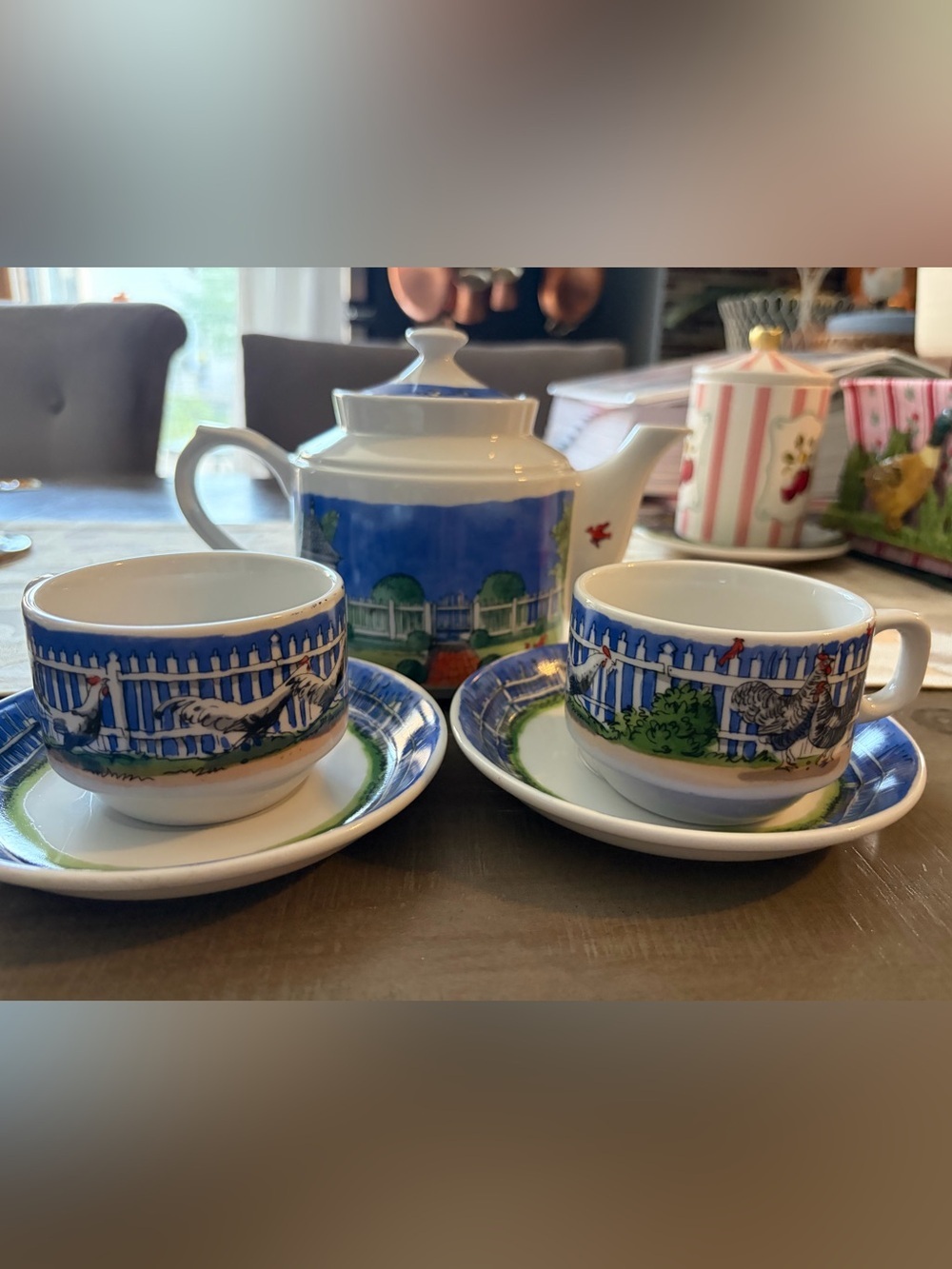 Andrea By Sadek Blue & White Garden Motif Teapot with Matching Cups